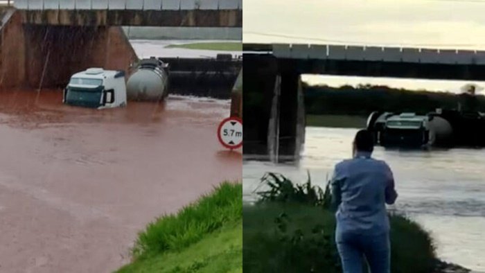 Carreta que não conseguiu passar por baixo de viaduto da BR-365 em